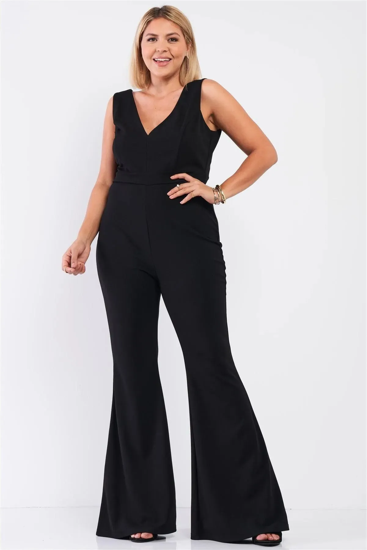 Junior Plus Black Sleeveless Deep Plunge V-Neck Wide Leg Jumpsuit /1-1-1